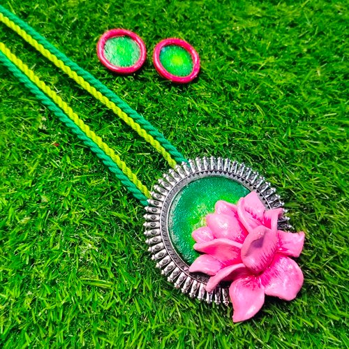 KarigarMADE Handmade Blooming Lotus Clay Necklace Set With Earrings